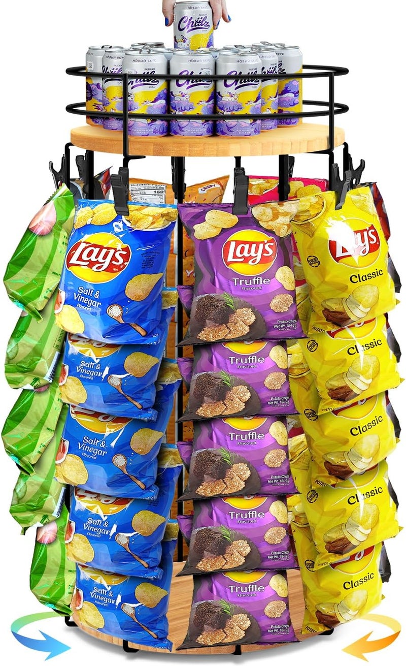 Usluole Chip Rack Display Stand, 5 Tiers 40 Clips Snack Organizer with Fence, 360°Rotating Wooden Base Chip Bag Holder Candy Display for Concession Stand Countertop, Party, Retail, Home Office, Light Wood - Image 1